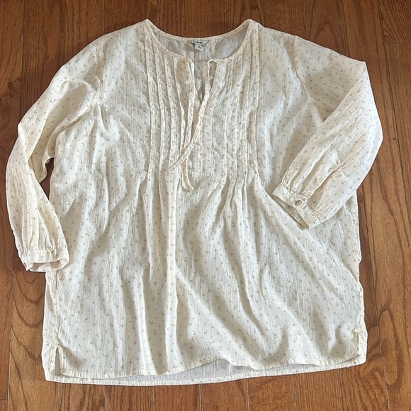 LL Bean Cream Floral Peasant Pleated Bib Tie Collar Blouse Long sleeve Cotton L - Picture 12 of 13